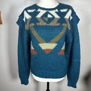 Vintage Sassafras Teal Blue Aztec Southwestern Textured Acrylic Sweater Sz M